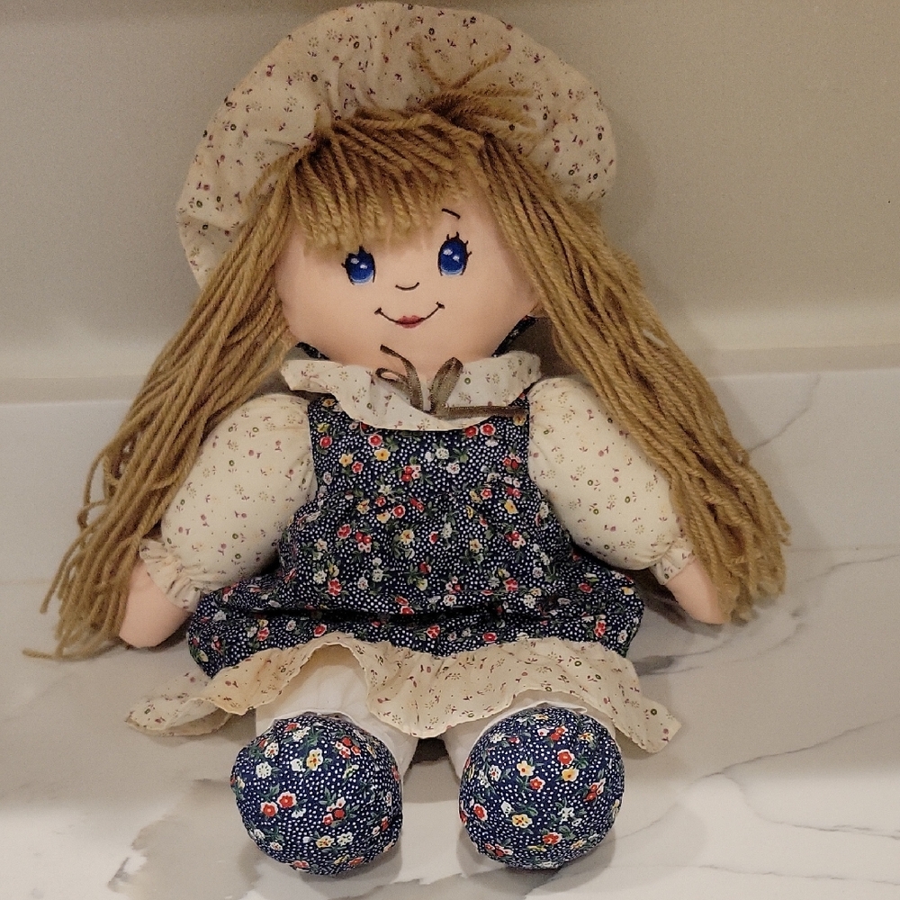 Vintage 1988 Floral Rag Doll with Blue Dress